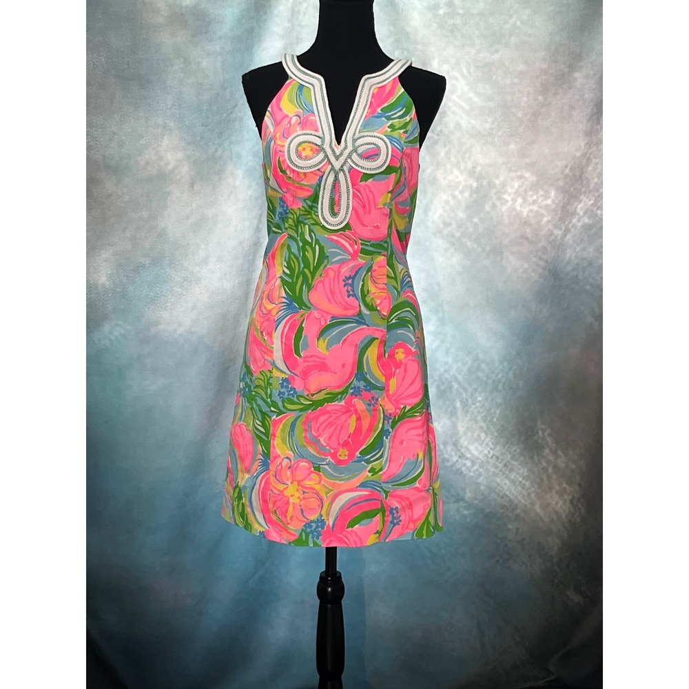 Lilly Pulitzer Women Pink Green Floral Soutache‎ Trim Cotton Shift Dress Size 4
